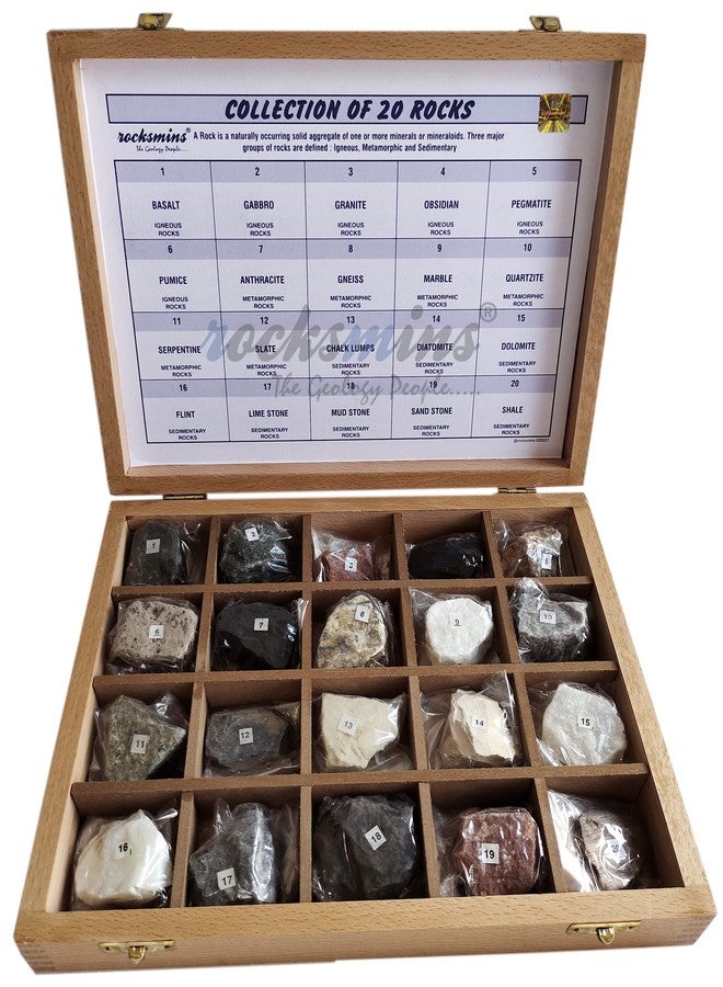 Rocksmins RO20WB-Export-SC Collection of 20 Rocks in a Export Quality Steam Beach Wood Wooden Box 20 Big Specimen Set of Rock Igneous Sedimentary Metamorphic Rock Collection Geology Kits for Study - Image 1